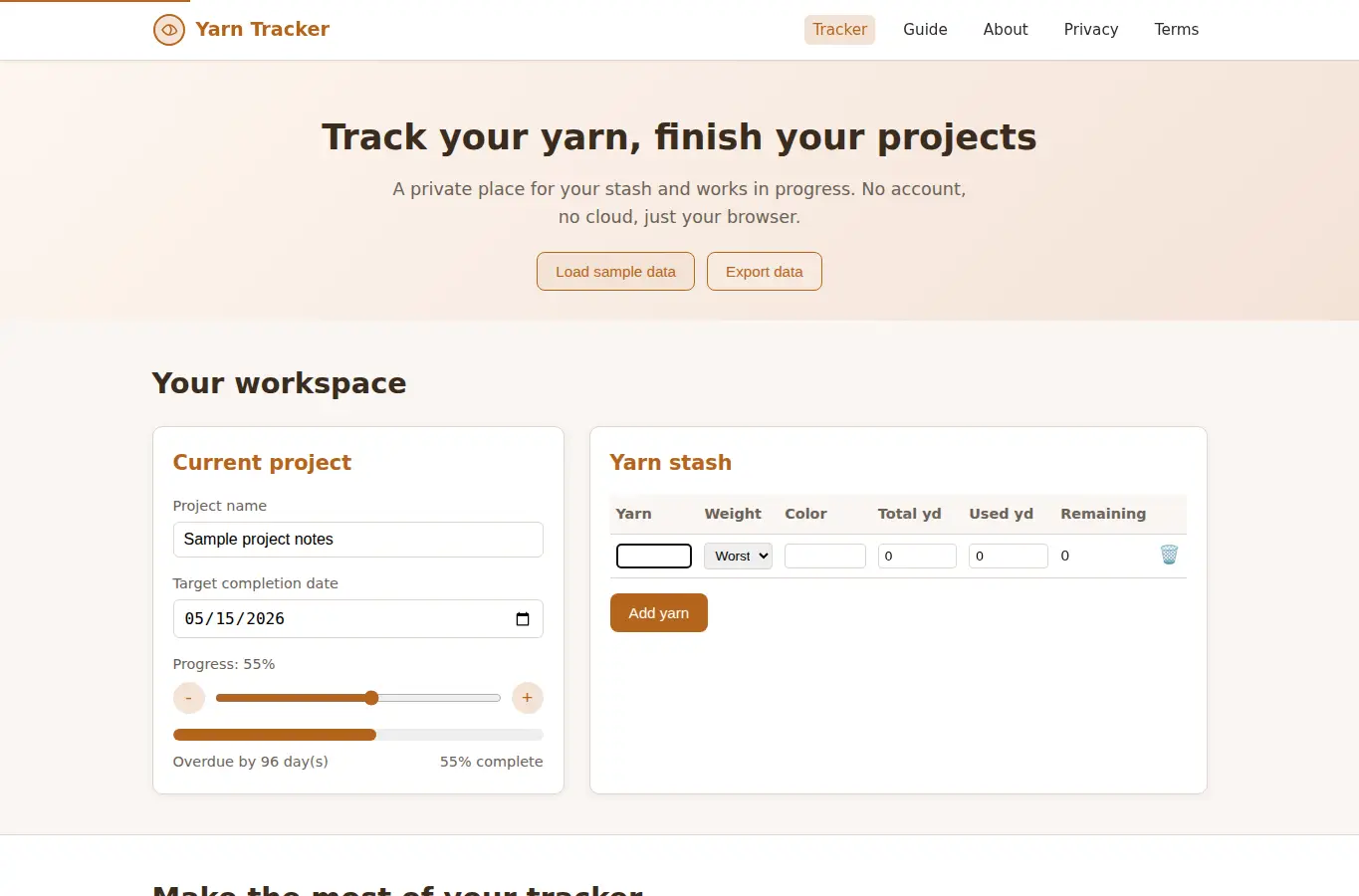 Screenshot of Craft Yarn Project Tracker interface showing the project page in use